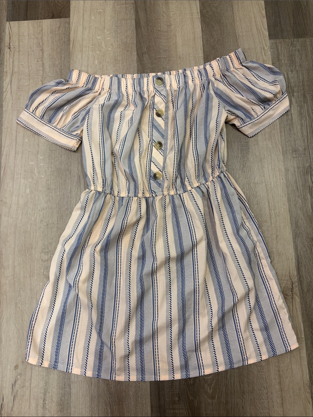 Blush Blue & Cream Off-Shoulder Striped Dress with Button Front